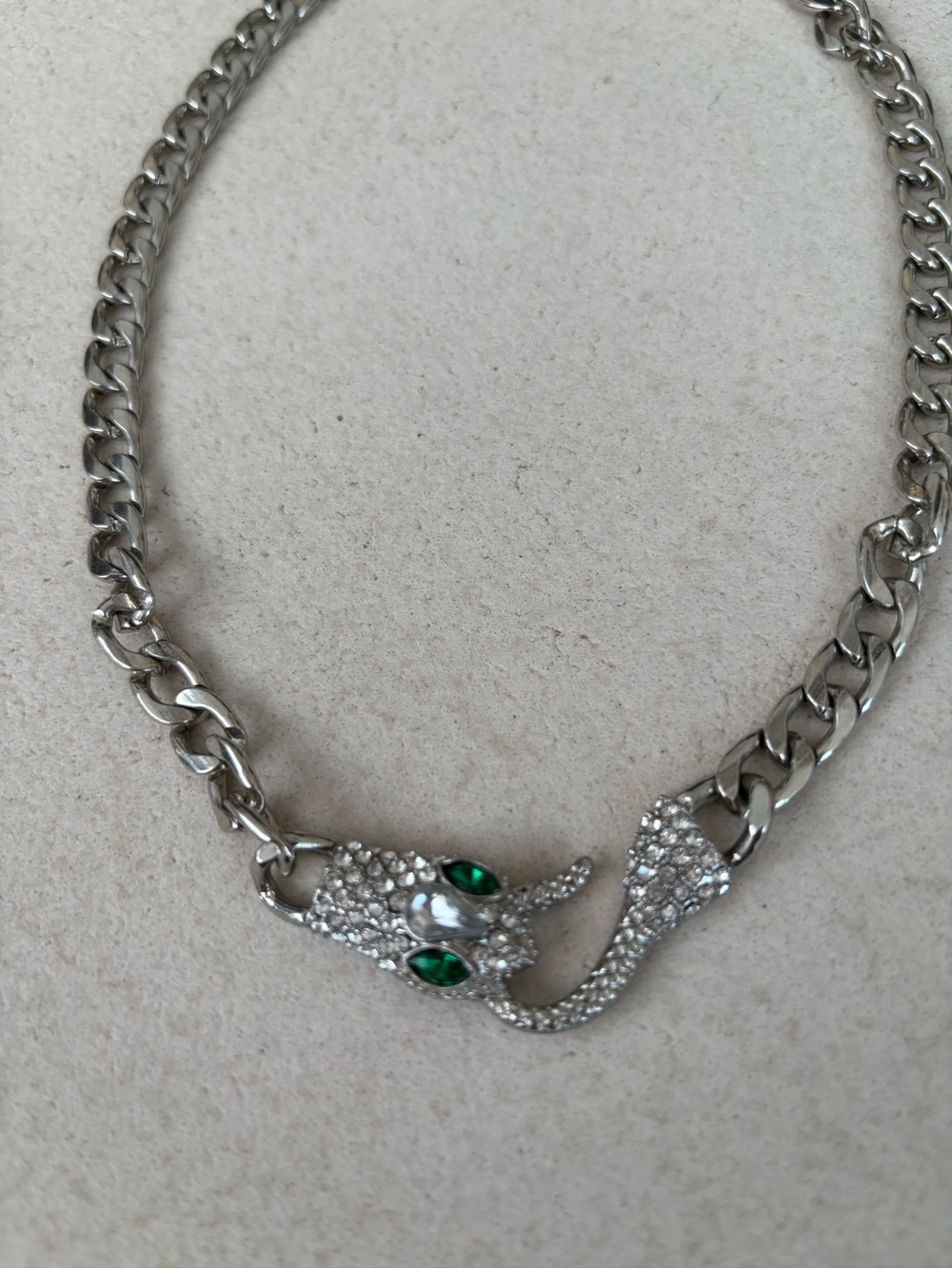 Silver-Tone Chain Snake/Serpent Necklace with Crystal Details and Green Eyes - Picture 4 of 6